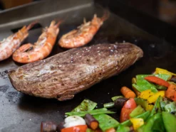 Grillfürst Plancha Grill - 2 Brenner Mit Insgesamt 7 KW Und Edelstahl Plancha - Inkl. 2 Stk. Plancha Spatel Und Grillzange -Grill Verkaufs-Shop Grillfuerst Plancha Grill Fleisch Gemuese Meeresfruechte