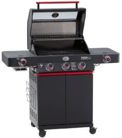 Rösle Videro G3-S VARIO+ Schwarz Gasgrill - FC Bayern Edition - Inkl. FC Bayern Abdeckhaube, Barbecue Grillzange Und Burgerpresse -Grill Verkaufs-Shop Roesle Videro G3 S FC Bayern Deckel offen 1